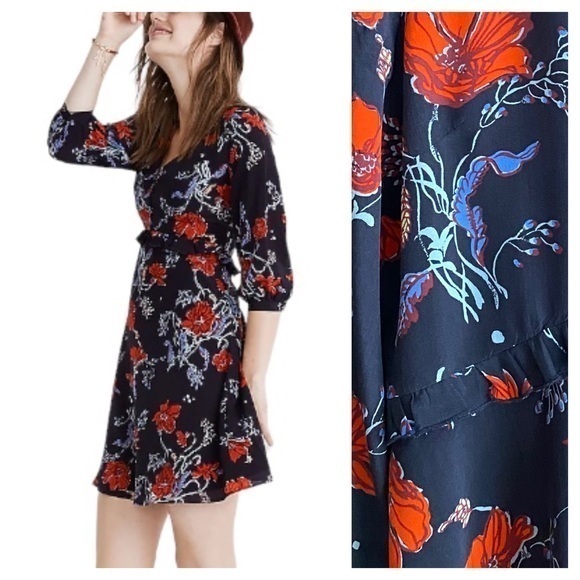 Madewell Navy Blue Red Floral Windblown Poppies Print Silk Ruffle Waist Dress - Picture 1 of 15